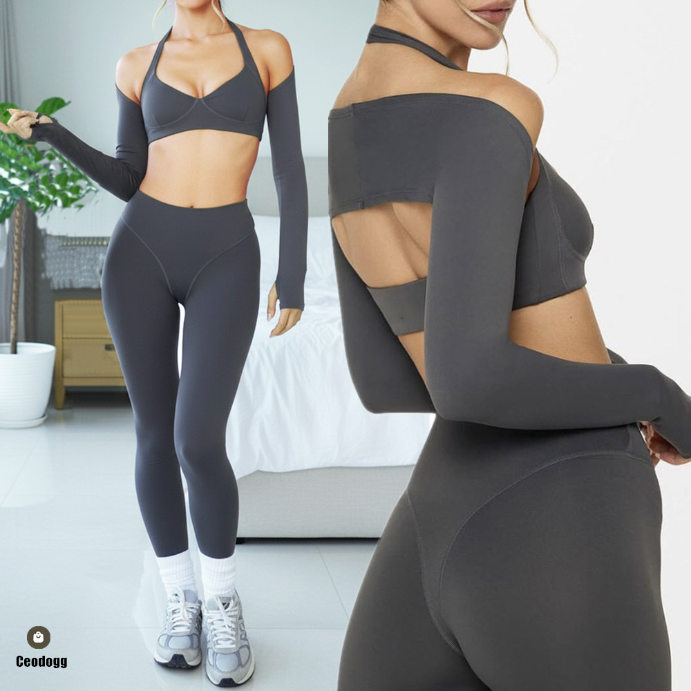Yoga Fitness Kleidung - ชุดโยคะออกกำลังกายสีนู้ด 2/3 ชิ้น เสื้อชั้นในกีฬา กางเกงเลกกิ้งแบบไขว้ไร้รอยต่อ เอวสูง