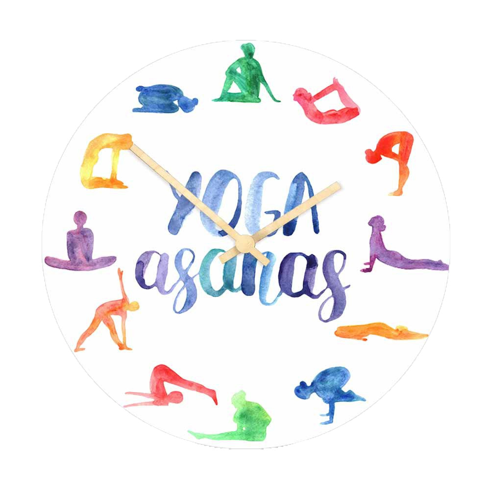 Yoga Fitness Studio - นาฬิกาแขวนผนังลายโยคะสีน้ำ ท่าโยคะหลากสีสัน นาฬิกาควอตซ์ไร้เสียง ตกแต่งห้องนอนสตูดิโอโยคะ ของขวัญสำหรับคนรักโยคะและฟิตเนส