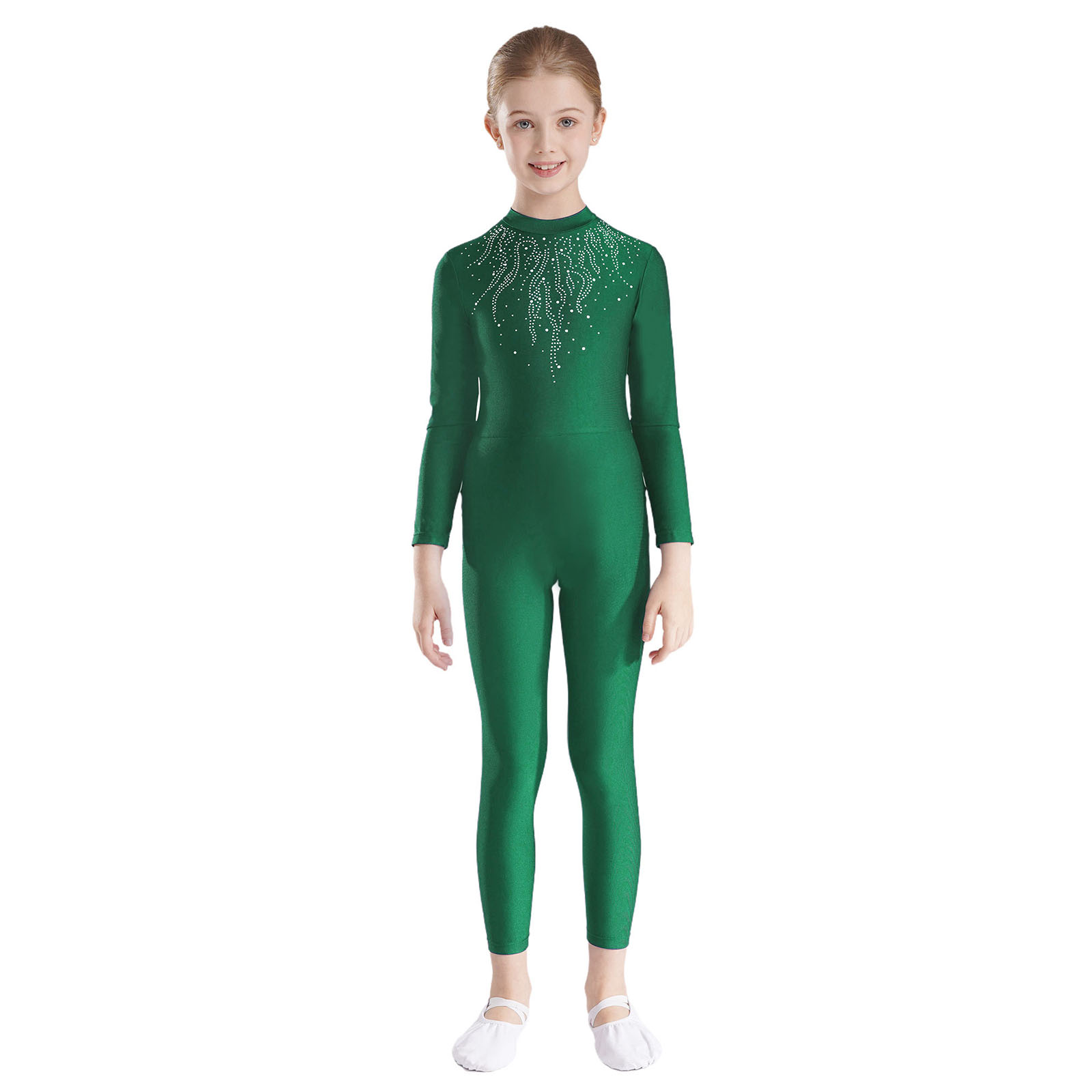 Yoga Fitness Model - เด็กสาวยิมนาสติกเต้นรํา Leotard บัลเล่ต์รูปสเก็ตน้ําแข็ง Acrobatics เครื่องแต่งกายแขนยาว Rhinestones