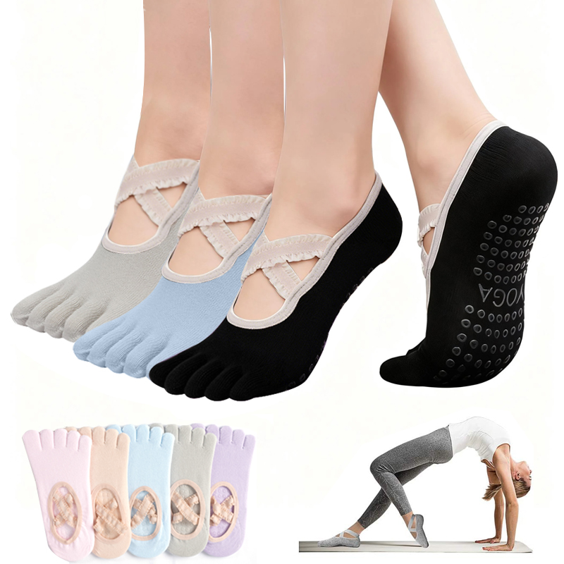 Yoga Fitness Studio - ถุงเท้าพิลาทิสกันลื่นสำหรับผู้หญิง ถุงเท้าโยคะแบบผูกเชือก ถุงเท้ากีฬาฟิตเนสระบายอากาศ ถุงเท้าบัลเลต์สำหรับสตูดิโอพิลาทิส