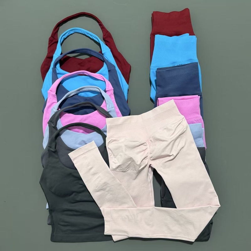 Yoga Fitness Kleidung - HISTELLO 2 ชิ้นชุดโยคะผู้หญิงไม่มีรอยต่อเสื้อครอปออกกำลังกายแบบมีฟองน้ำเสริมกางเกงเลกกิ้งยกกระชับสะโพกยืดระบายอากาศได้ดีชุดออกกำลังกายชุดออกกำลังกาย