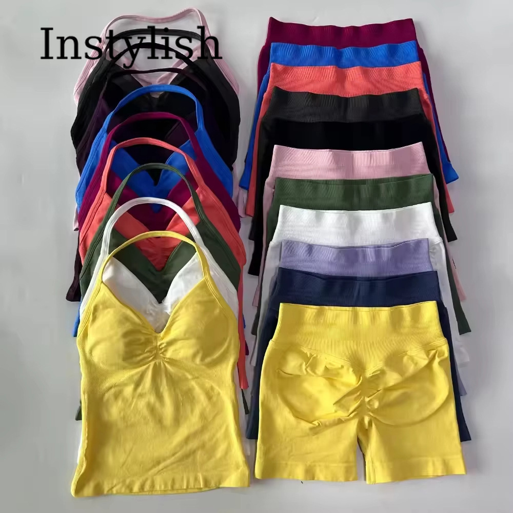 Fitness Yoga - ชุดโยคะไร้รอยต่อสำหรับผู้หญิง 2 ชิ้น เสื้อสายเดี่ยวคอวีรัดรูป กางเกงเลกกิ้งเอวสูงยืดหยุ่น ชุดออกกำลังกาย